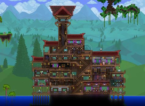 A mansion I've built in the Terraria Jungle biome, decorative and not quite practical for use Terraria Jungle Base, Jungle Mansion, Terraria Big House, Terraria Clothier House, Terraria Jungle Build, Jungle Pylon Terraria, Minecraft Beach, Terraria Tips, Terraria House Design