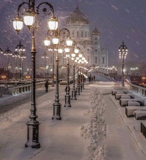 #winter #travel #christmas #russia #city #light #snow #moscow  https://weheartit.com/entry/324136297 Snowy Night, Winter Szenen, Street Lights, Winter Love, Winter Scenery, Winter Beauty, Snow Scenes, Winter Pictures, Winter Wonder