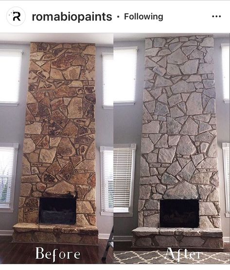 Redo Fireplace, Painted Rock Fireplaces, Stone Fireplace Remodel, Whitewash Stone Fireplace, Fireplace Makeover Ideas, Fireplace Transformation, Painted Stone Fireplace, Stone Fireplace Makeover, Rock Fireplace