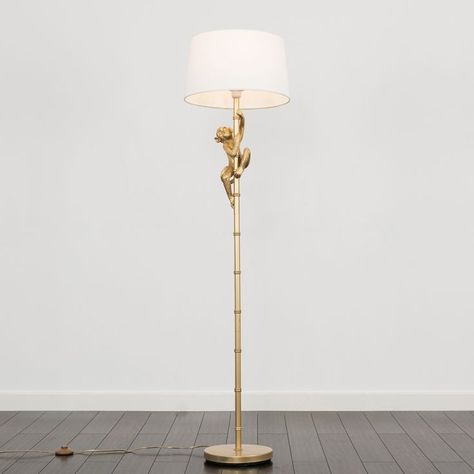 George Monkey Gold Floor Lamp with White Doretta Shade Modern Gold Floor Lamp, Monkey Hanging, Arco Floor Lamp, Floor Lamp White, Monkey Animal, Hanging Monkey, Gold Floor, Affordable Lighting, Silver Floor Lamp