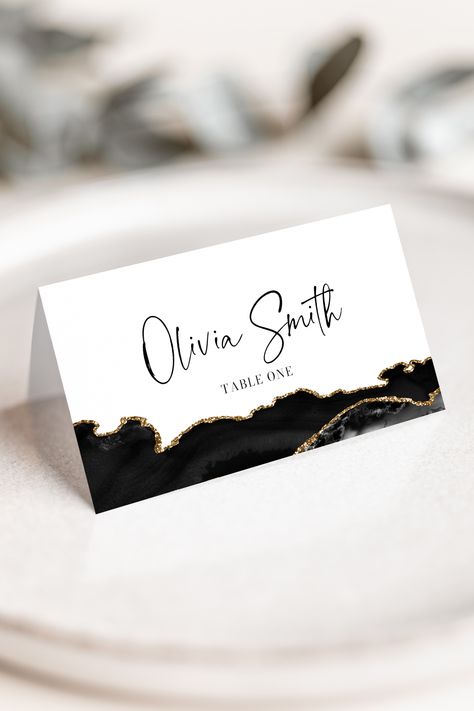 Black Gold Agate Wedding Place Cards Template, Editable Black Gold Table Seating Cards, Printable Geode Escort Cards, Name Cards Template Black And Gold Place Cards, Agate Wedding Decor, Table Seating Cards, Place Cards Template, Gold Place Cards, Geode Wedding, Black Gold Wedding, Agate Wedding, Wedding Name Cards