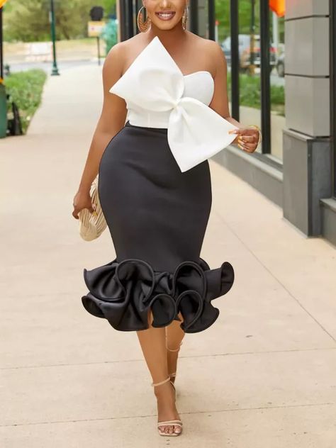 Rok Outfit, Bow Crop Tops, Ruffle Hem Skirt, Rock Outfit, Stil Elegant, Mermaid Skirt, Hem Skirt, Body Con Skirt, Two Piece Dress