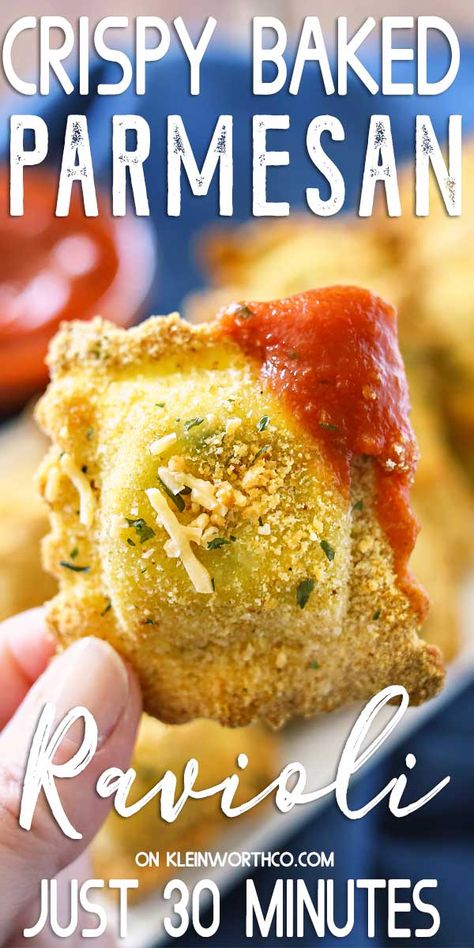 Crispy Baked Parmesan Ravioli are an easy appetizer recipe you'll want on your game day menu. Simple to make & done in about 30 minutes. Delicious! Parmesan Ravioli, Baked Ravioli, Italian Meals, Gluten Free Puff Pastry, Ravioli Bake, Toasted Ravioli, Meals Dinner, Ravioli Recipe, Appetizers Recipes