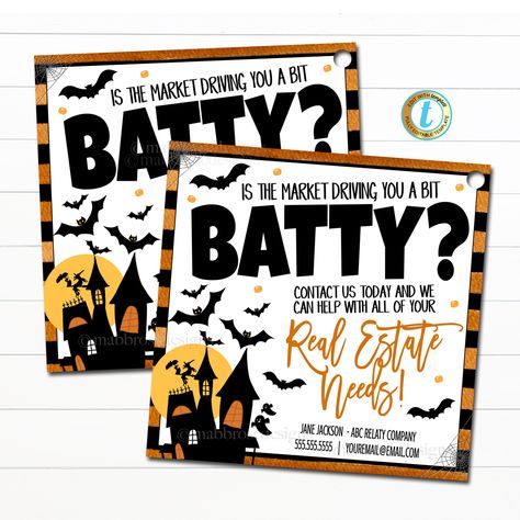 Halloween Real Estate Marketing Pop By Gift Tags - Is the Market Driving You Batty?!  These autumn fall realtor marketing tags are customizable by you - all text is editable so you can make them read whatever you wish for your halloween marketing needs!  Works great for fall customer referrals, open houses and client thank you gifts!  TEMPLATE FORMATTED SIZES: 3.5" x 3.5" (Tag) *print multiple tags (6 per sheet) by going to download - pdf - click on 'save paper' IMPORTANT: This is a DIY self-edi Halloween Marketing Ideas, Pop By, Office Marketing, Referral Marketing, Marketing Gift, Realtor Marketing, Tag Print, Open Houses, Home Health Care