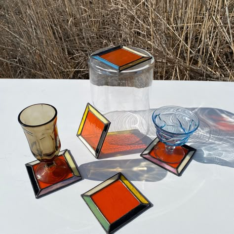 Set of five stained glass coasters for a funky touch to your home decor. Handmade. This set sold as is, but message me for custom coasters Stained Glass Mug, Stained Glass Art Ideas, Stained Glass Coasters, Funky Coasters, Small Stained Glass Projects, Stained Glass Furniture, Stained Glass Ideas, Art Deco Stained Glass, Cool Coasters