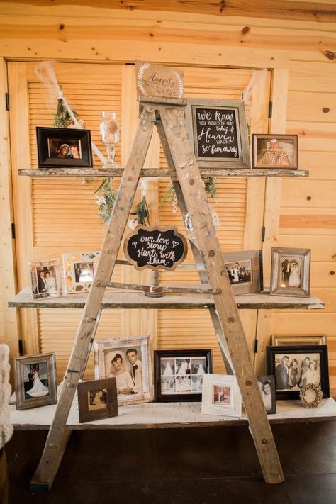 Ladder Wedding Decoration, Wood Ladder Wedding Decor, Ladder For Wedding Decor, Ladder Shelf Wedding Display Ideas, Ladder Picture Display Wedding, Wedding Ladders Decoration, Wooden Ladder Wedding Decor, Picture Ladder Photo Displays, Ladder Wedding Arch