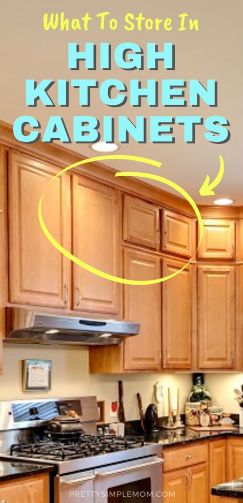 Use all that beautiful storage space in your kitchen, even the awkward areas in high cabinets. There are lots of things you can use them for. Check out some rules of thumb and what other people are keeping there. #whattostoreinhighkitchencabinets #storageideasforhighkitchencabinets Kitchen Top Cabinet Organization, Top Cabinet Organization Kitchen Storage, Where To Store Things In Kitchen Cabinets, What To Put In Upper Kitchen Cabinets, Tall Kitchen Cabinets Organization, Top Cabinet Storage Ideas, High Cabinet Organization, What To Put In High Kitchen Cabinets, High Cupboard Storage Ideas