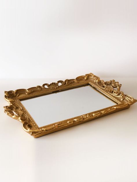 Mirror Tray Decor, Gold Mirror Tray, Champagne Mirror, Barn Wood Picture Frames, Makeup Tray, Mirror Vanity Tray, College House, Gilded Mirror, Gold Tray