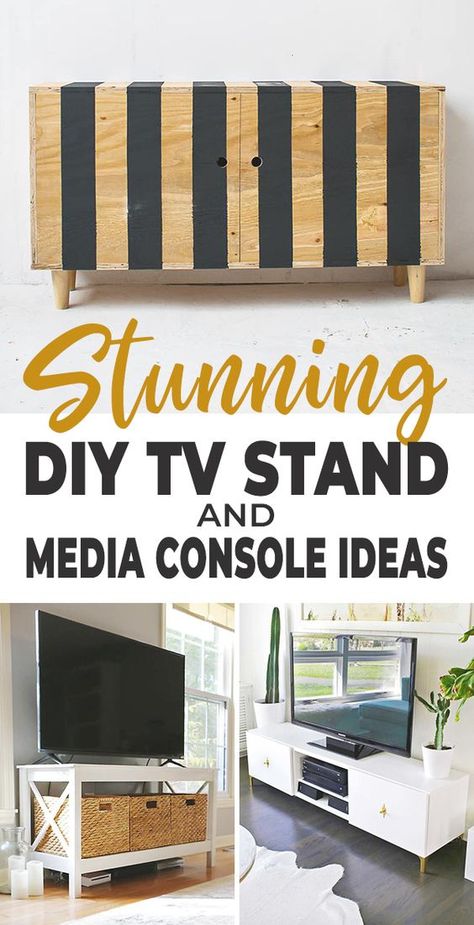 DIY TV Stand & Media Console Ideas • OhMeOhMy Blog Media Console Ideas, Homemade Tv Stand, Diy Shelves Design, Diy Shelves Ideas, Console Ideas, Tv Stand Plans, Ikea Shelving Unit, Diy Storage Rack, Furniture Sketch