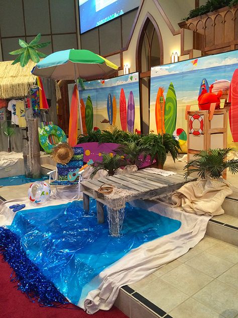 There are some things I've relinquished as a church volunteer (this year was my last co-chairing the Easter Festival for one), but doing the... Indoor Beach Party, Surf Shack Vbs, Ocean Vbs, Church Volunteers, Indoor Beach, Surf Party, Easter Festival, Luau Theme Party, Vbs Themes