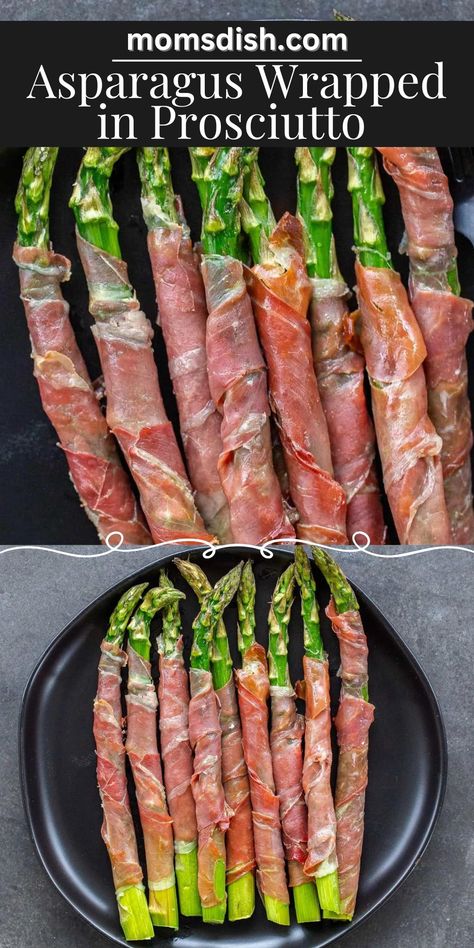 This baked prosciutto wrapped asparagus is perfect for your next dinner party. Serve it as an appetizer or as the side dish to just about any entree! Wrapped Asparagus Prosciutto, Asparagus Procuitto Recipes, Cold Asparagus Appetizer Recipes, Asparagus Prosciutto Appetizer, Procuttio Wrapped Asparagus, Prosciutto Wraps, Asparagus Wrapped In Prosciutto, Procuitto Recipes, Baked Prosciutto