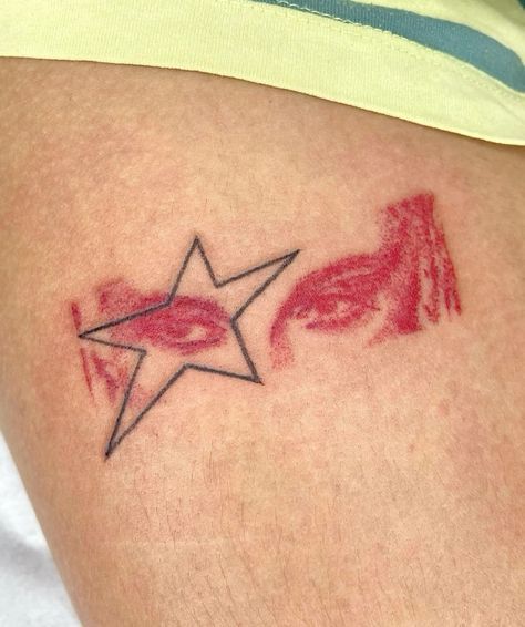 Feel Something Tattoo, Funky Art Tattoo, Funky Star Tattoo, Manifesting Tattoos, Cool Star Tattoos, 3 Star Tattoo, Funky Tattoo Ideas, Red Tattoo Men, 222 Tattoo Design