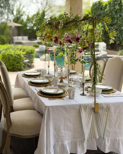 Jennifer /Stylist /Home, Flowers, Tables 🌸🍃 | “Can we hang meat from it for the ultimate dining experience?” asked my husband, upon seeing me set up this over the table rod… | Instagram Over The Table Rod, Small Bud Vases, Flower Arranging Tutorial, Hanging Tea Lights, Hanging Jars, Balloons Flowers, Arrange Flowers, Tea Party Table, Arranging Flowers