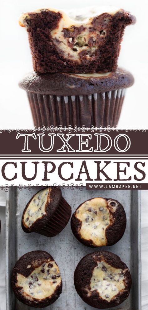 Stuffed Cupcakes Recipes, Tuxedo Muffins, Tuxedo Cake Recipe Easy, Stuffed Cupcake Recipes, Choc Cream Cheese Cupcakes, Tuxedo Dessert, Jumbo Cupcakes, Chocolate Cupcake Cream Cheese Frosting, Jumbo Cupcake Recipes