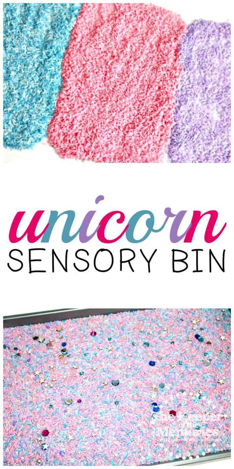 Check out this colorful unicorn sensory bin for little kids! Dyed rice in pink, blue, and purple makes this fun tray a hit with preschoolers! Add a few cups and spoons and let them explore to their heart's content. You're definitely going to want to try it out! #kidsactivities #unicorn #preschoolthemes #sensoryactivities Dyed Rice, Toddler Math, Colorful Unicorn, Sensory Activities Toddlers, Unicorn Theme, Diy Craft Tutorials, Preschool Themes, Sensory Bin, Kids Learning Activities