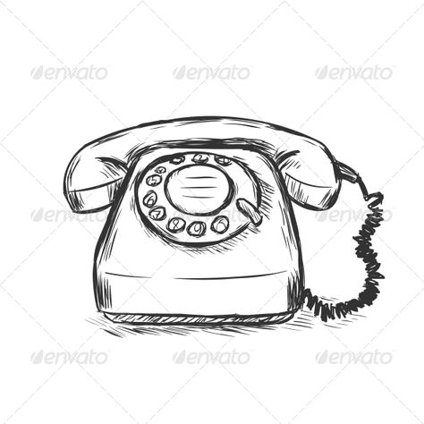 Drawing Non Living Things, Old Things Drawing, Phone Sketch Drawing, Old Telephone Drawing, Object Study Drawing, Rotary Phone Drawing, Phone Drawing Easy, Old Phone Drawing, Telephone Doodle