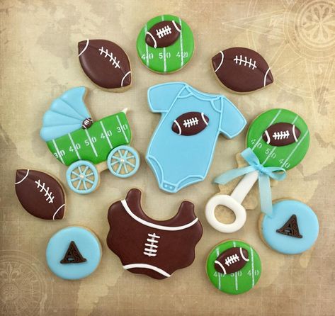 Football Themed Baby Shower Cookies Football Baby Shower Theme, Sports Baby Shower Theme, Football Cookies, Football Baby Shower, Sports Baby Shower, Sport Cakes, Football Baby, Baby Cookies, Baby Themes