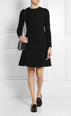 Black loafers and dress: CARVEN Seersucker Wool Blend Dress Wool Dress Shoes, Office Dress With Flats, Little Black Dress Flat Shoes, Footwear To Wear With Dresses, Black Loafer Outfits Women Dress, Dresses And Flats Outfit, Chunky Loafers With Dress Outfits, Flat Shoes Dress Outfit, Black Loafers With Dress