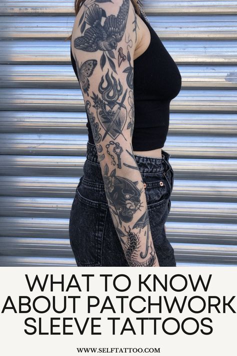 patchwork sleeve tattoo ideas for women, patchwork sleeve tattoo for men. a guide to patchwork sleeve tattoos, cohesive patchwork sleeve tattoos Tattoo Forearm Sleeve, Minimalist Tattoo Sleeve, Traditional Tattoo Arm, Tattoos For Women Sleeve, Flash Tattoo Sleeve, Butterfly Tattoo Designs For Women, Forearm Sleeve Tattoo, Tattoo Vision Board, Tattoo Ideas Male