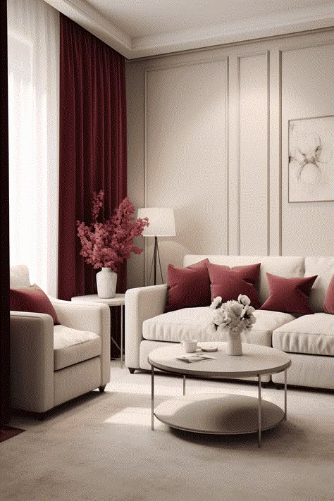 11 Great Colors That Go Well With Burgundy Red Beige Living Room, Red And Charcoal Living Room, Burgundy And White Living Room Ideas, Combination Of Colors, Sofa And Curtains Color Schemes, Burgundy And Beige Living Room, Burgundy Accents Living Room, Maroon Accent Living Room, Autumn Colors Living Room