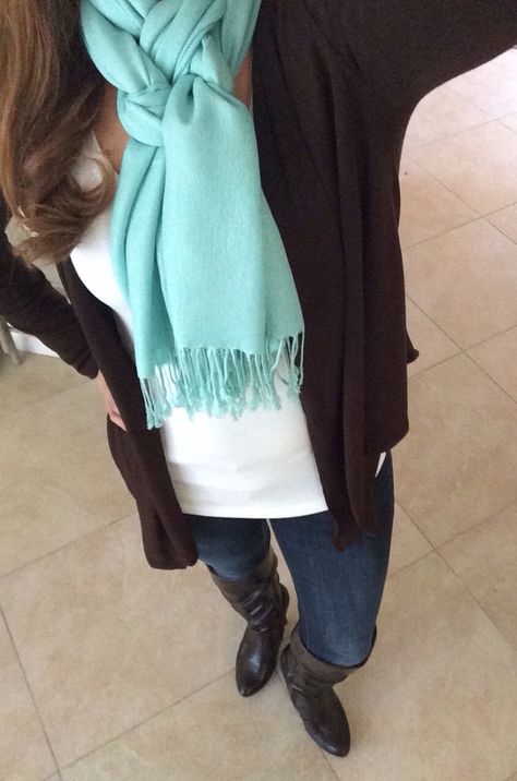 Skinnies, long white shirt, mint scarf, mint earrings, mint watch, brown boots, brown cardi Mint Scarf Outfit, Mint Scarf, Long White Shirt, Mint Earrings, Scarf Outfit, Boots Brown, Winter Clothes, Scarfs, Brown Boots