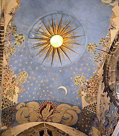 The ceiling with its alabaster sun is hand painted by Macdonald Gill to illustrate the story of creation. Sun Architecture, Creation Aesthetic, Simple Celestial Art, Painted Ceiling Mural, Ceiling Mural, Celestial Ceiling, Sun Painted On Ceiling, Sun God Painting, Celestial Ceiling Mural