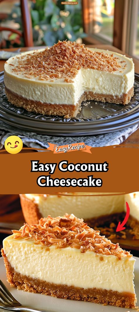 Indulge in the tropical taste of Easy Coconut Cheesecake, a luscious dessert with a creamy coconut filling and a crunchy graham cracker base. This cheesecake is as delightful to eat as it is easy to make, perfect for those who love a hint of island flavor in their desserts. #CoconutCheesecake #EasyDesserts #TropicalTreats Coconut Cheesecake Recipes, No Bake Coconut Cheesecake, Coquito Cheesecake, Coconut Cream Cheesecake, Raffaello Cheesecake, Pina Colada Cheesecake, Cheese Flan Recipe, Flavored Cheesecake, Coconut Cheese