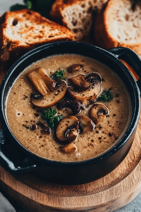 Cozy Mushroom Soup Mushroom Marsala Soup, French Mushroom Soup Recipes, Burgundy Mushroom Soup, Mushroom Soup Creamy, Mediterranean Mushroom Soup, Soup Recipes With Mushrooms, Mushroom Soup Recipes Crockpot, Best Mushroom Soup Recipes, Mushroom Broth Soup