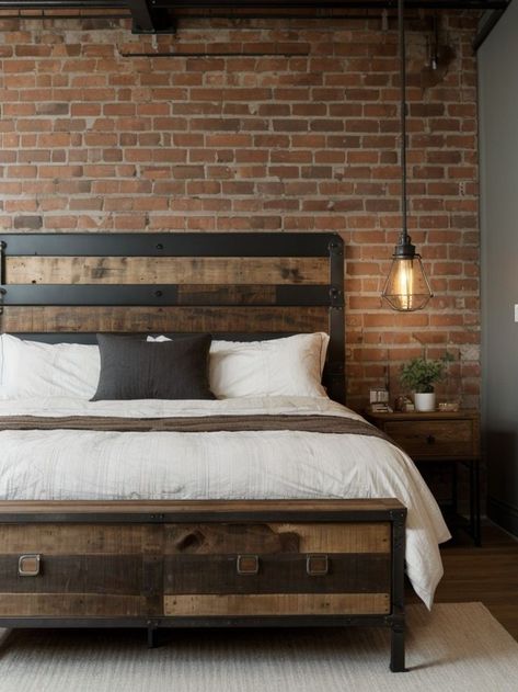 Give your bedroom an industrial aesthetic by incorporating a reclaimed wood headboard and metal bedside tables. Complete the look with vintage light fixtures and exposed brick accents for a stylish urban vibe. Metal Bedside Tables, Bedside Table Metal, Reclaimed Wood Headboard, Cottage By The Sea, Vintage Light Fixtures, Industrial Light Fixtures, Wood Headboard, Vintage Cottage, Industrial Lighting