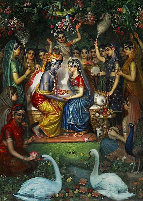 Radha and Krishna being served by the gopis. Cute Art Designs, Arte Yoga, Krishna Drawing, Shree Krishna Wallpapers, Radha Krishna Wallpaper, Indian Painting, Vedic Art, Lord Krishna Wallpapers, Krishna Radha Painting