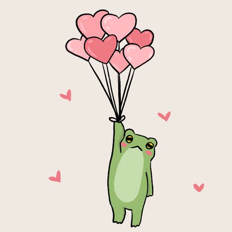 Love Frog Drawing, Drawing Frog Cute, Cute Balloon Drawing, Happy Birthday Drawings Easy, Cute Frogs Drawing, Balloons Doodle, Balloon Frog, Valentine Doodles, Cute Frog Drawing