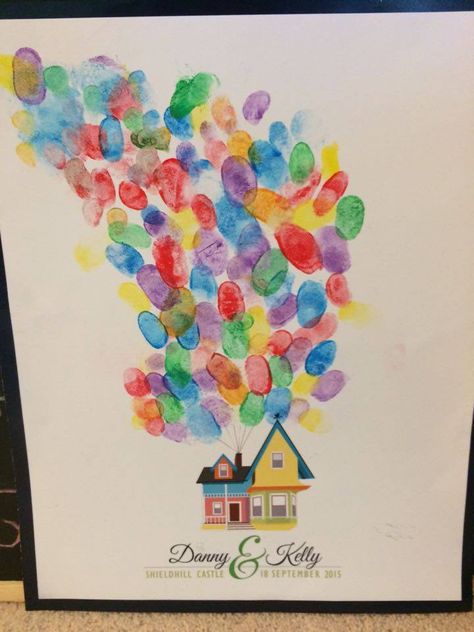 Wedding Thumbprint Picture - UP themed #wedding #disney #UP #house #balloon #colourful #multicoloured #carl #ellie #bride #groom #thumbprint #guestbook Up Themed Housewarming Party, Up Disney Birthday Party, Up Bedroom Disney, Up Movie Birthday Party, Up Themed Engagement Party, Up Theme Centerpiece, Up Graduation Theme, Up Movie Classroom Theme, Disney Up Party Ideas