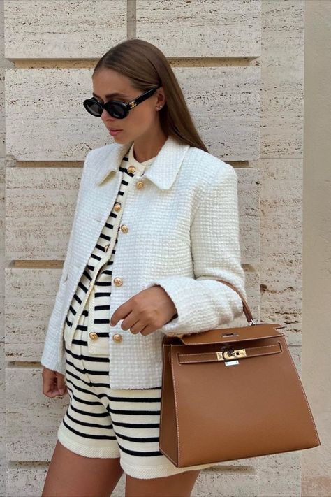 Pregnant and feeling uninspired by boring maternity clothes? Try this Parisian striped set and boucle jacket combo! Stylish Maternity Outfits, Short Women Fashion, Stylish Maternity, Pregnancy Outfits, Printed Cardigan, White Pants, Maternity Fashion, Top Pattern, Pregnant Women