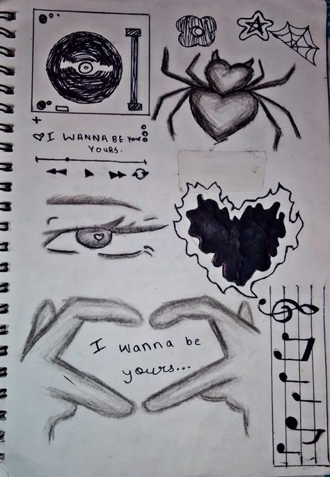 Pencil and pen drawing artistic I wanna be yours Simple Drawings With Pen, I Wanna Be Yours Doodle, Red Aesthetic Art Drawing, I Wanna Be Yours Drawing Ideas, Easy Sketch Pen Drawings, Easy Drawing With Pen, Drawing Ideas Music Sketch, I Wanna Be Yours Aesthetic Drawing, Art Aesthetic Drawing Sketch