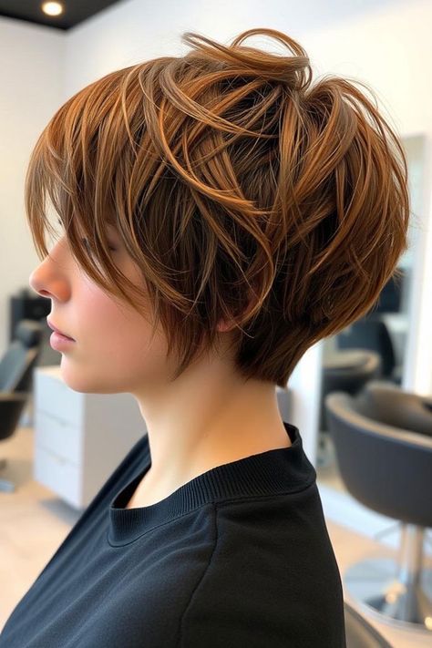 Chestnut Brown Textured Tousle Pixie, Pixie Haircut for Modern Women Haircut Ideas Brown Hair, Twist Box Braids, Stacked Haircuts, Ideas Haircut, Chic Haircut, Side Swept Curls, Hair Dye Ideas, Blonde Bangs, Bubble Ponytail