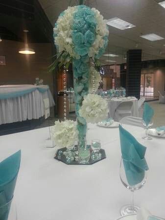 Aqua Centerpiece Table Decor, Party Decor, Wedding Colors, Floral Arrangements, Wedding Flowers, Party Decorations, Wedding Ideas, Table Decorations, Weddings