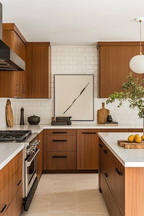 Mid Century Kitchen Living Room, Mid Century Modern Kitchen Design Wood Cabinets, Mcm Inspired Kitchen, Mid Century Modern Farmhouse Kitchen, Kitchen Ideas Mid Century Modern, Mixed Wood Kitchen, Pacific Northwest Kitchen, Wooden Kitchen Modern, Midmod Kitchen