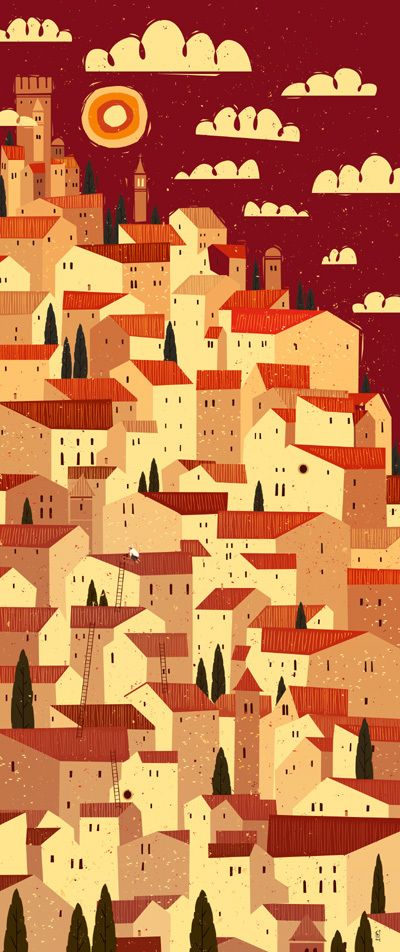 'The Tiler' by Peter Donnelly Building Illustration, City Illustration, Italian Pasta, Rooftops, Mail Art, Illustrations And Posters, Art Paint, Illustrations Posters, Graphic Illustration