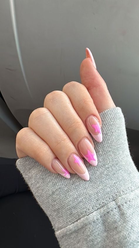 Pink Star Almond Nails, Y2k Almond Nails Designs, Trendy Nails Long Almond, Pink Star Nails Acrylic Y2k, Y2k Aesthetic Nails Almond, Soft Pink Almond Nails Design, Pink Star French Tip Nails, Pink Star Nails Y2k, Hot Pink Star Nails