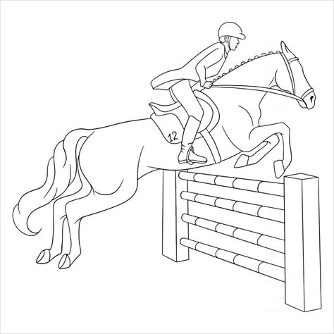 Horseback Riding Woman Riding Horse Jumping Over Obstacle Line style How To Draw A Horse Jumping, Horse Jumping Lineart, Horse Back Riding Drawings, Horse Drawing Jumping, Horse Riding Sketch, Person Riding Horse Drawing Reference, How To Draw Horse, Horse Jumping Drawing, Horse Riding Drawing