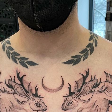 bek 🌙 | Tattoo Artist on Instagram: "Really enjoyed creating this chest piece for Rowan. Thank you so much!   - #chestpiece #jackalope #tattoo #folklore #creepy #toronto #torontotattoo #rabbit" Jackalope Tattoo Blackwork, Rabbit Chest Tattoo, Tattoo Chest Piece, Chestpiece Tattoo, Tattoo Map, Jackalope Tattoo, Collar Tattoo, Web Tattoo, Skeleton Tattoos