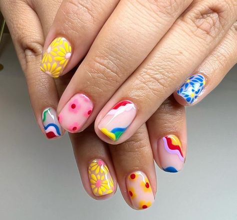 French Stickers, Talavera Nail Art, Nails With Pearls, Iridescent Nails, Nail Shapes Square, Swirl Nail Art, Summer Nail Designs, Mixed Patterns, Rainbow Sherbet