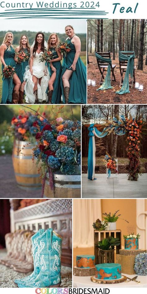 Teal country wedding colors inspirations for 2024: teal bridesmaid dresses, white bridal gown, orange wedding bouquets, teal and orange barrel decorations, teal and orange wedding ceremony arch, teal bridal boots, teal wedding cake. Teal And Rust Barn Wedding, Cooper And Teal Wedding, Country Wedding Colors Fall, Teal And Amber Wedding, Teals And Blues, Teal Orange And Burgundy Wedding, Fall Wedding Bouquets Teal, Teal And Rust Wedding Bridesmaid Dresses, Navy Teal And Burnt Orange Wedding