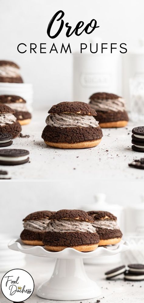 Whether you call them Oreo Cream Puffs or Cookies and Cream Cream Puffs, these perfect little puffs are seriously yummy! This Oreo Cream Puff recipe features the classic puffed up pastry that is topped with a crackly chocolate craquelin topping and filled with an Oreo Cheesecake Filling, made from crushed Oreos and mascarpone cheese that has been folded with sweetened whipped cream! #oreo  #cookiesandcream #creampuffs #oreocreampuffs #profiteroles #choux #chouxpastry #baking #oreocheesecake Chocolate Craquelin, Oreo Cheesecake Filling, Cream Puff Filling, Chocolate Cream Puff, Cream Puff Recipe, Oreo Cream, Sweetened Whipped Cream, Puff Recipe, Easy Chocolate Chip Cookies