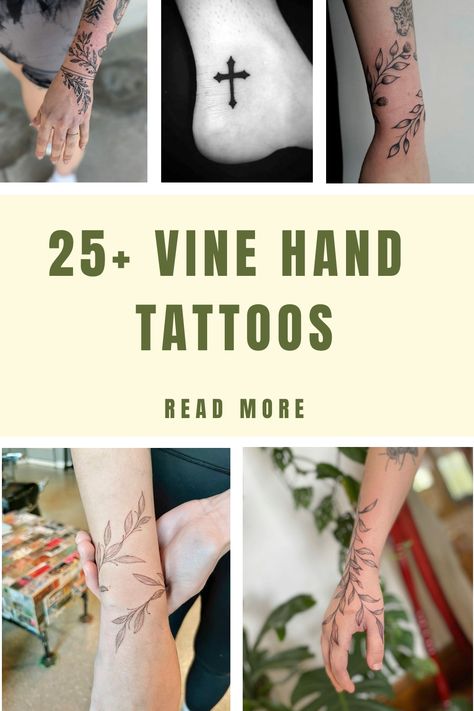 25+ Vine Hand Tattoos Vines With Words Tattoo, Beautiful Vine Tattoo, Vines Going Up Leg Tattoo, Freehand Vine Tattoo, Vine Like Tattoos, Vine Wrist Tattoo, Vine Hand Tattoo, Tattoo Session, Ivy Tattoo