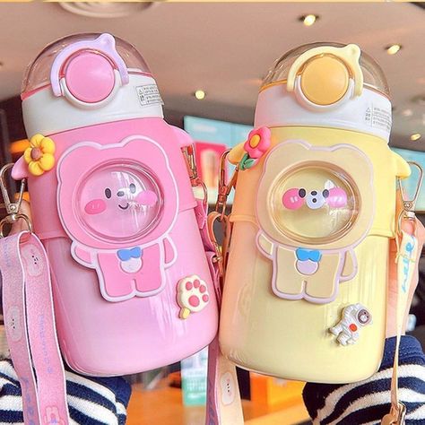 Water Bottle Organization, Straw Water Bottle, Kawaii Cups, Thermal Flask, Kawaii Bear, Cute Water Bottles, Steel Gifts, Vacuum Bottle, Girls School