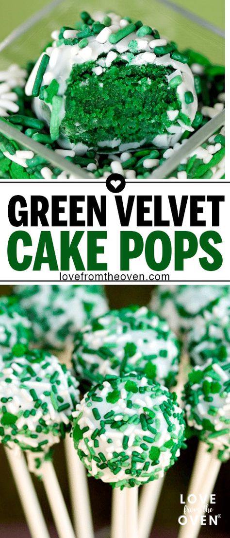 These GREEN Velvet Cake Pops are a perfect St. Patrick's Day Treat!  #stpatricksday #cakepops #cakeballs #greenvelvet #dessert #sprinkles #lftorecipes Irish Cake Balls, Matcha Cake Pops, Green And White Desserts, St Patrick’s Cake Pops, Green Velvet Cake Recipe, Green Cake Pops Ideas, St Patrick’s Day Cake Pops, St Patricks Cake Pop, St Pattys Desserts