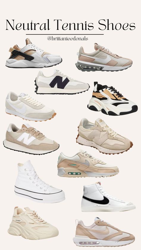 Collage of various neutral color tennis shoes and sneakers on a tan background Sneaker Ideas Women, Feminine Tennis Shoes, Pretty Tennis Shoes, Casual Fall Outfits With Tennis Shoes, Cute Shoes For Everyday, Neutral Shoes That Go With Everything, Basic Shoes Aesthetic, Aesthetic Shoes 2023, Fall Shoes 2023 Sneakers