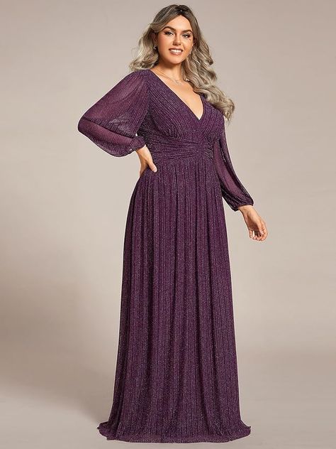 Amazon.com: Ever-Pretty Women's Glitter Long Sleeves Pleated Floor Length Evening Formal Dresses Plus Size Black 26 : Clothing, Shoes & Jewelry Purple Dresses Plus Size, Empire Waist Dress Formal, Plus Size Dresses To Wear To A Wedding, Plus Size Formal Wear, Plus Size Gala Dress, Wedding Hairstlyes, Scene Fit, Plus Size Evening Gowns, Medi Dress