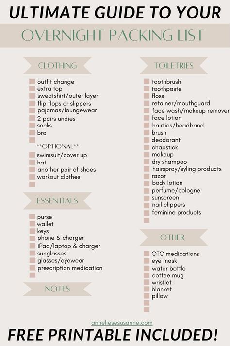 Ultimate Guide to Your Overnight Packing List Free Printable Packing List For One Day Trip, What To Pack For One Night Trips, 2 Night Sleepover Packing List, Packing List For Hotel Stay, Packing List For Overnight Trip, Packing Weekend Bag, Packing List For 2 Nights, School Trip Essentials Packing Lists, What To Pack In An Overnight Bag